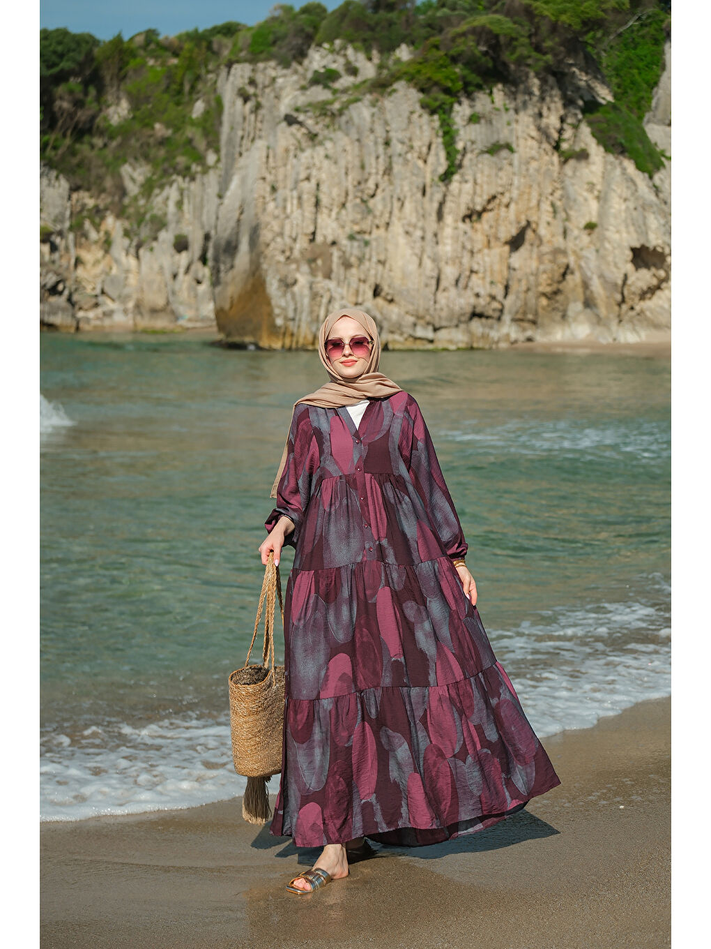 Kadın Parça Desenli Elbise Bordo-2