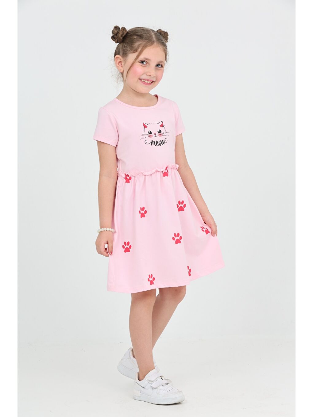 Pembe Kız Çocuk Kedi Baskılı Elbise-1