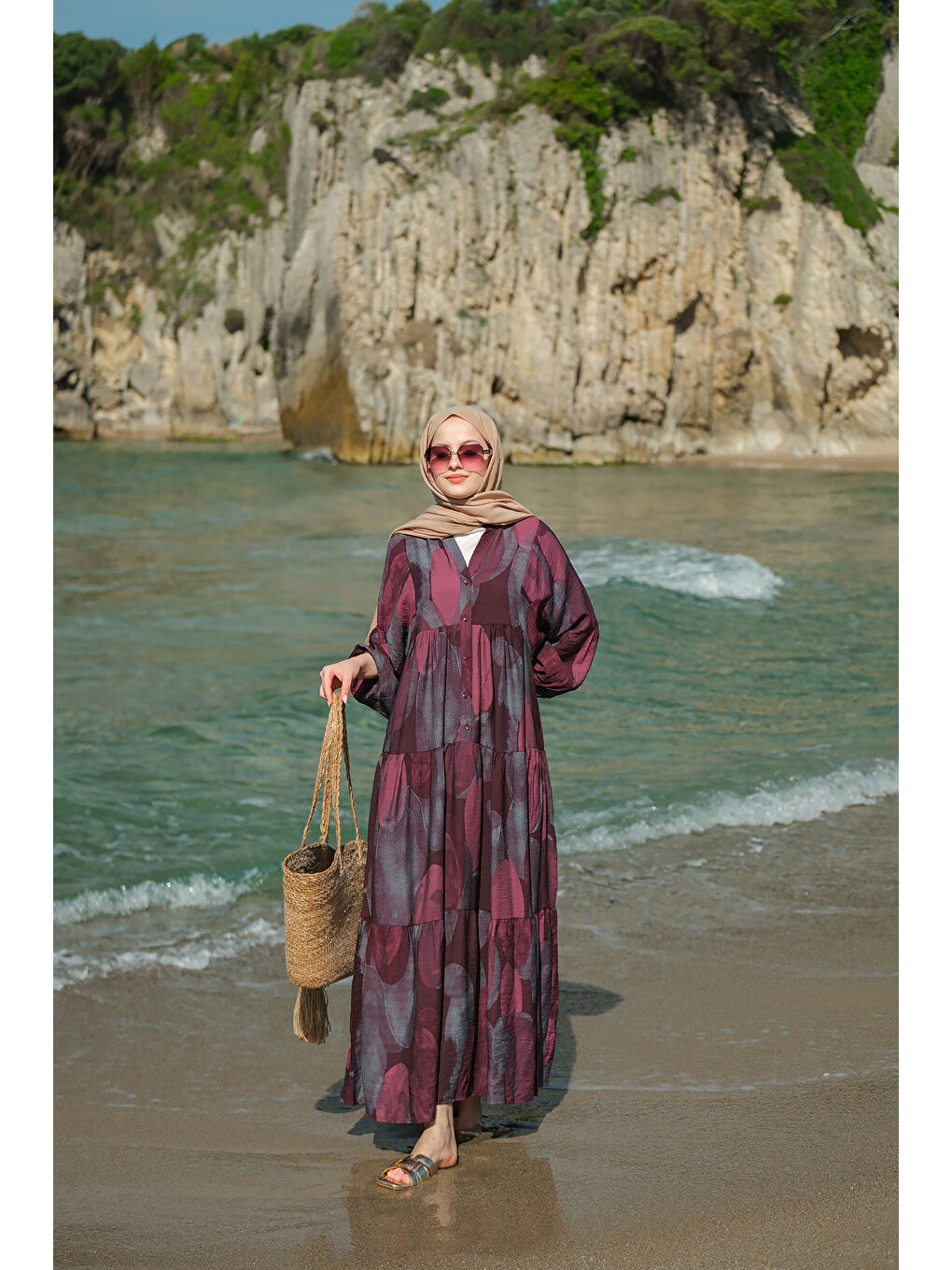 Kadın Parça Desenli Elbise Bordo-3