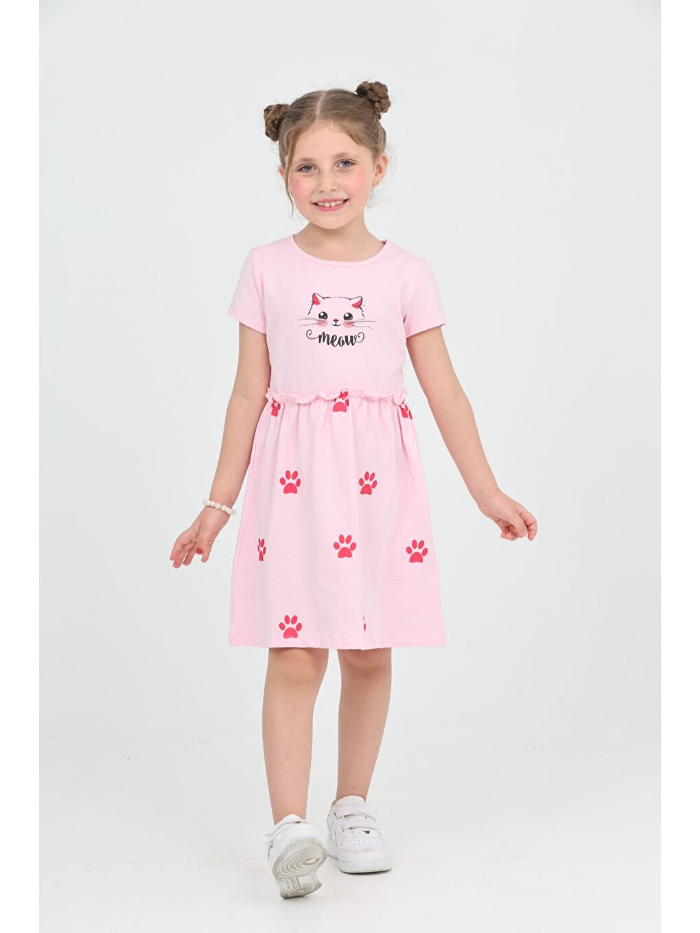 Pembe Kız Çocuk Kedi Baskılı Elbise-2