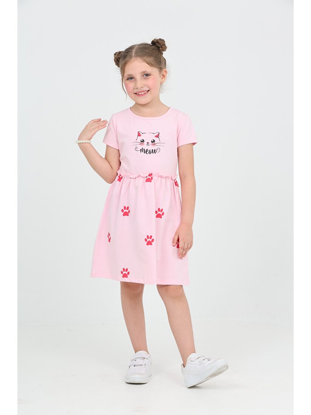 Pembe Kız Çocuk Kedi Baskılı Elbise-3