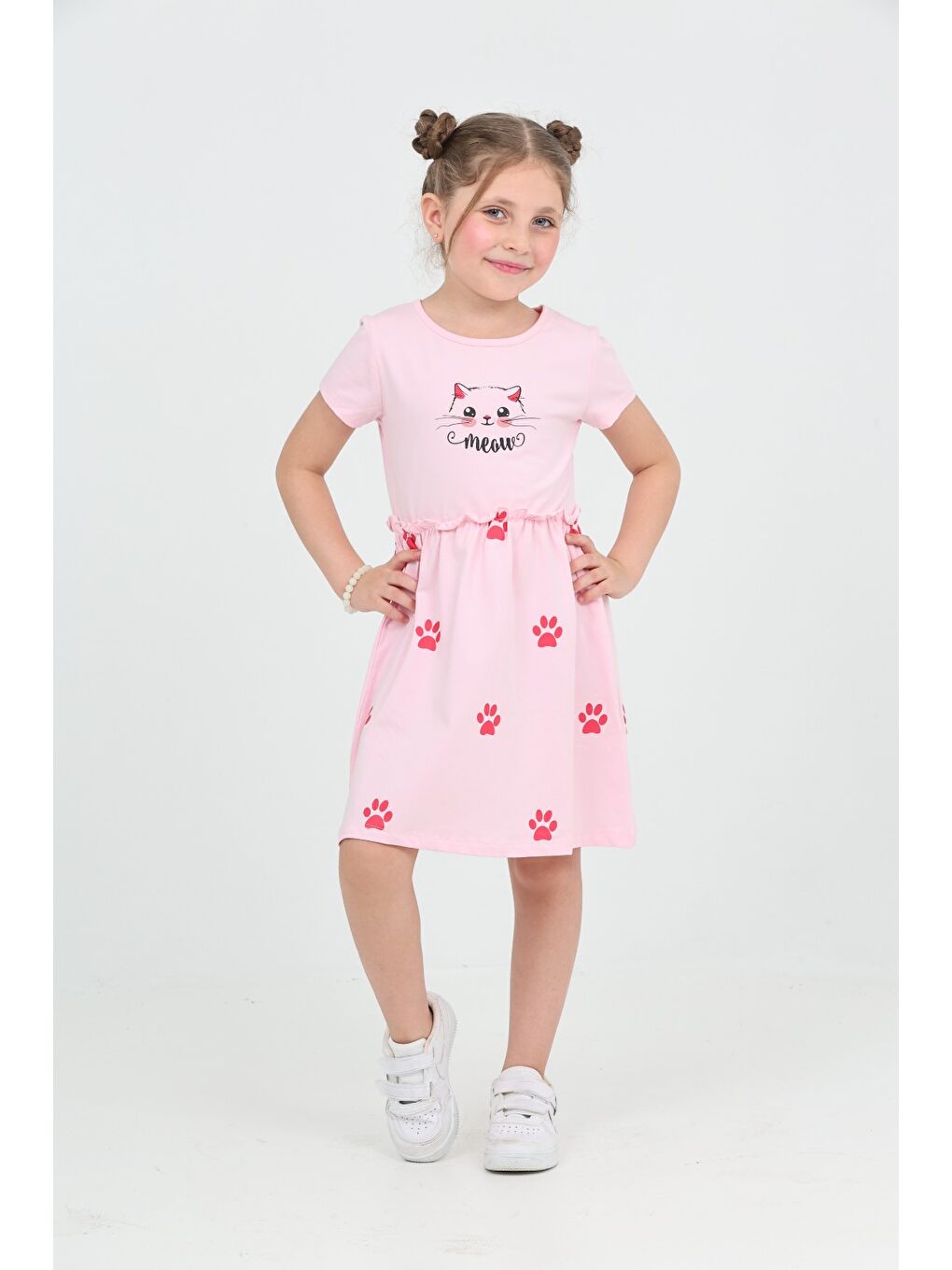 Pembe Kız Çocuk Kedi Baskılı Elbise-4