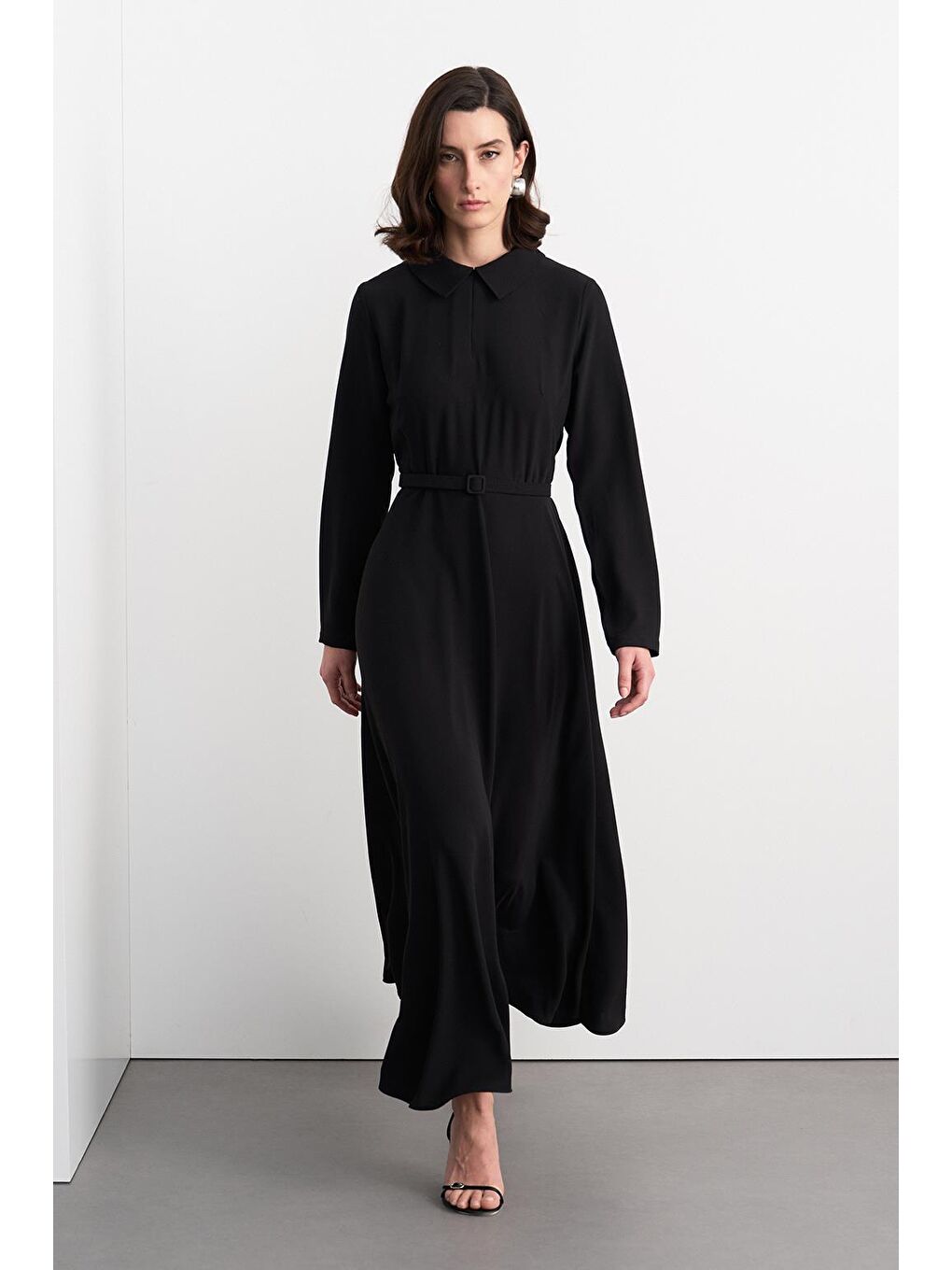 Kemerli Çan Uzun Elbise Siyah