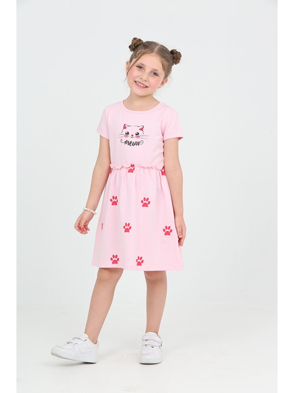 Pembe Kız Çocuk Kedi Baskılı Elbise-6