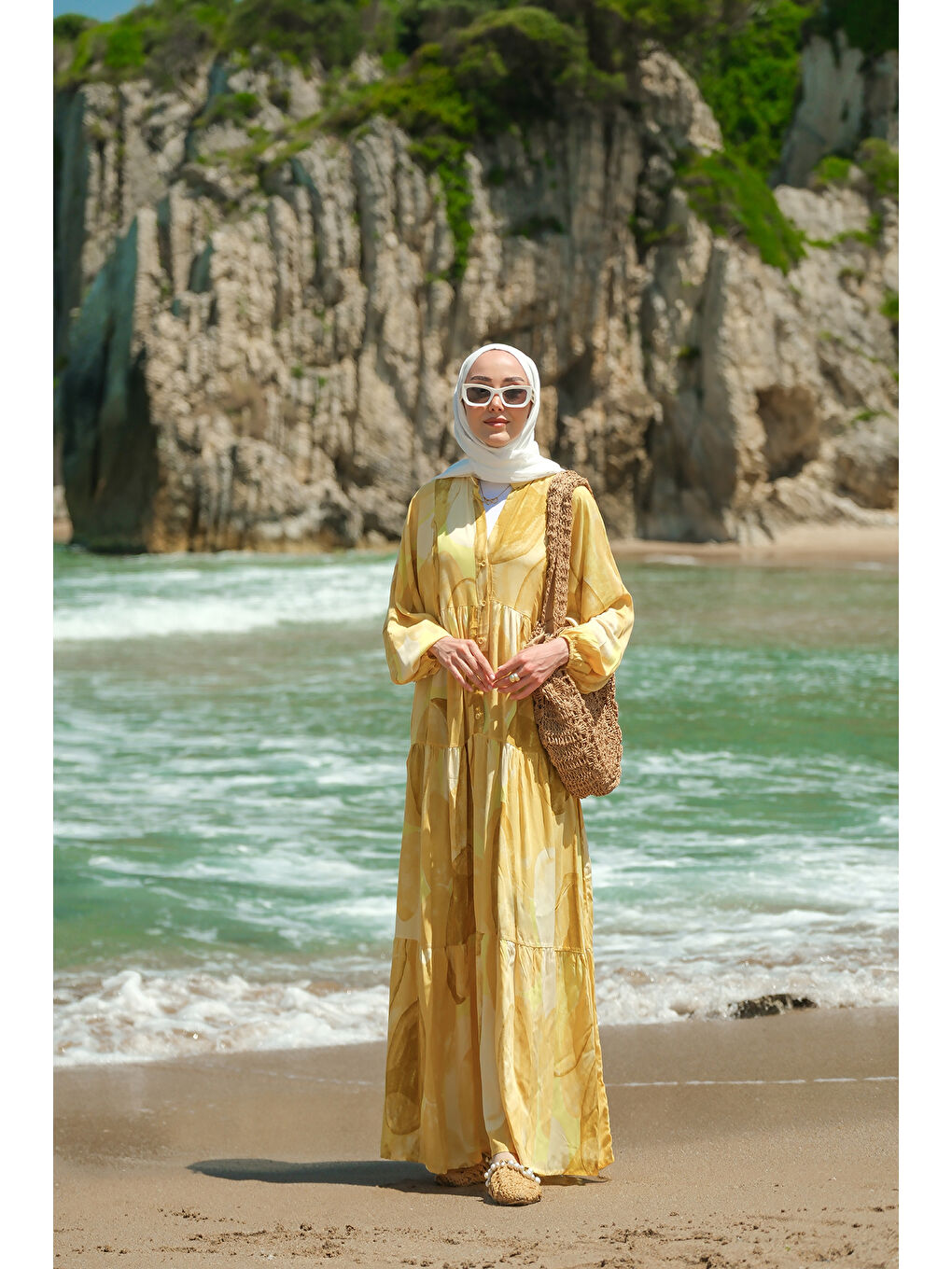 Kadın Şekil Desenli Elbise Sarı-3