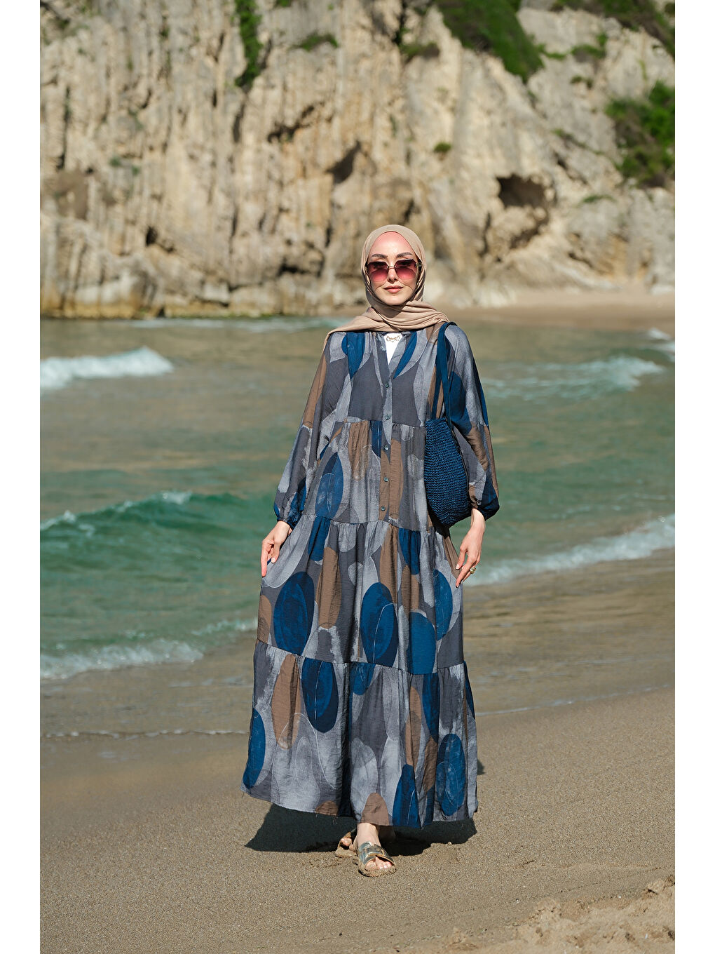 Kadın Parça Desenli Elbise Lacivert-4