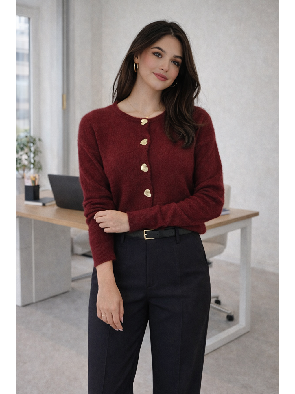 Bordo Kadın Kalpli Düğmeli Yumuşak Dokulu Kaliteli Triko Yumoş Hırka-1