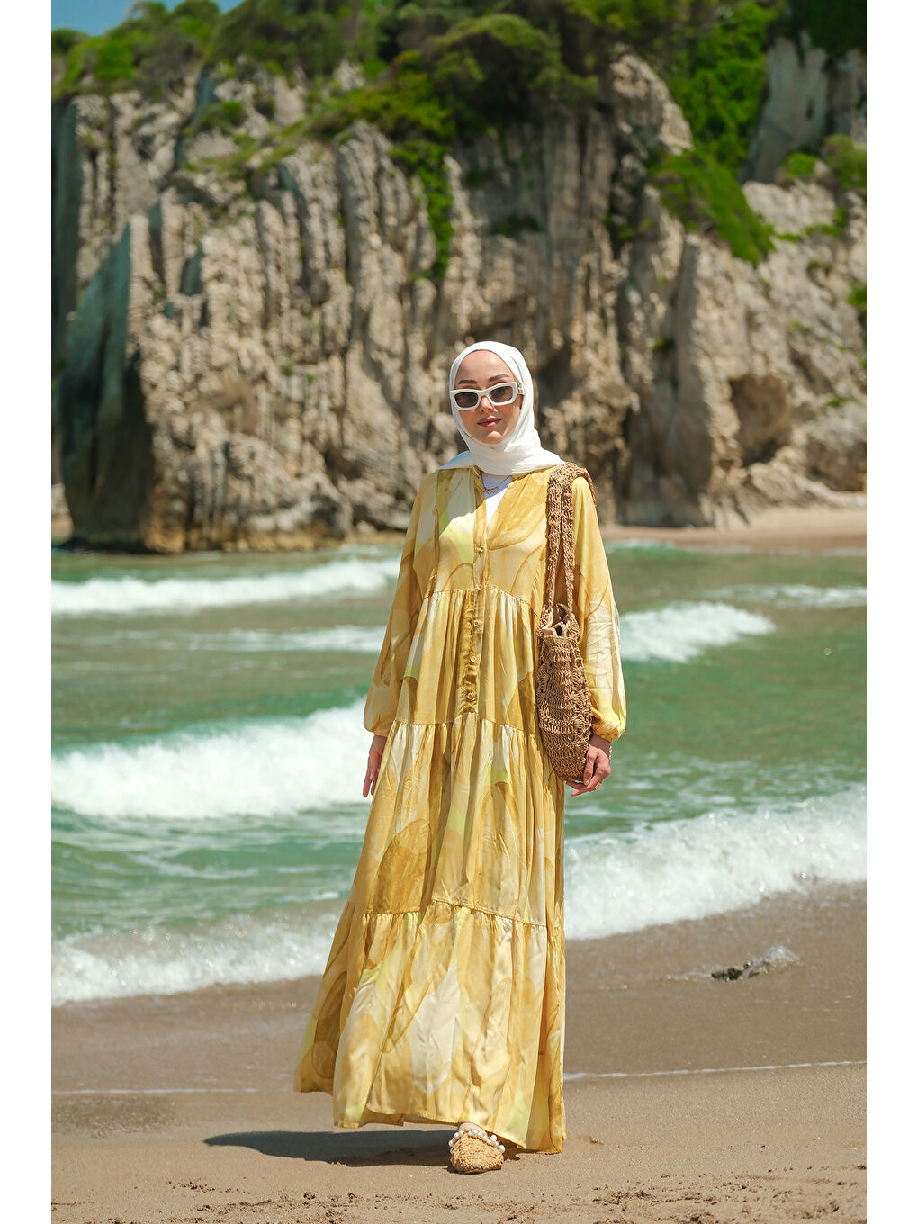 Kadın Şekil Desenli Elbise Sarı-4