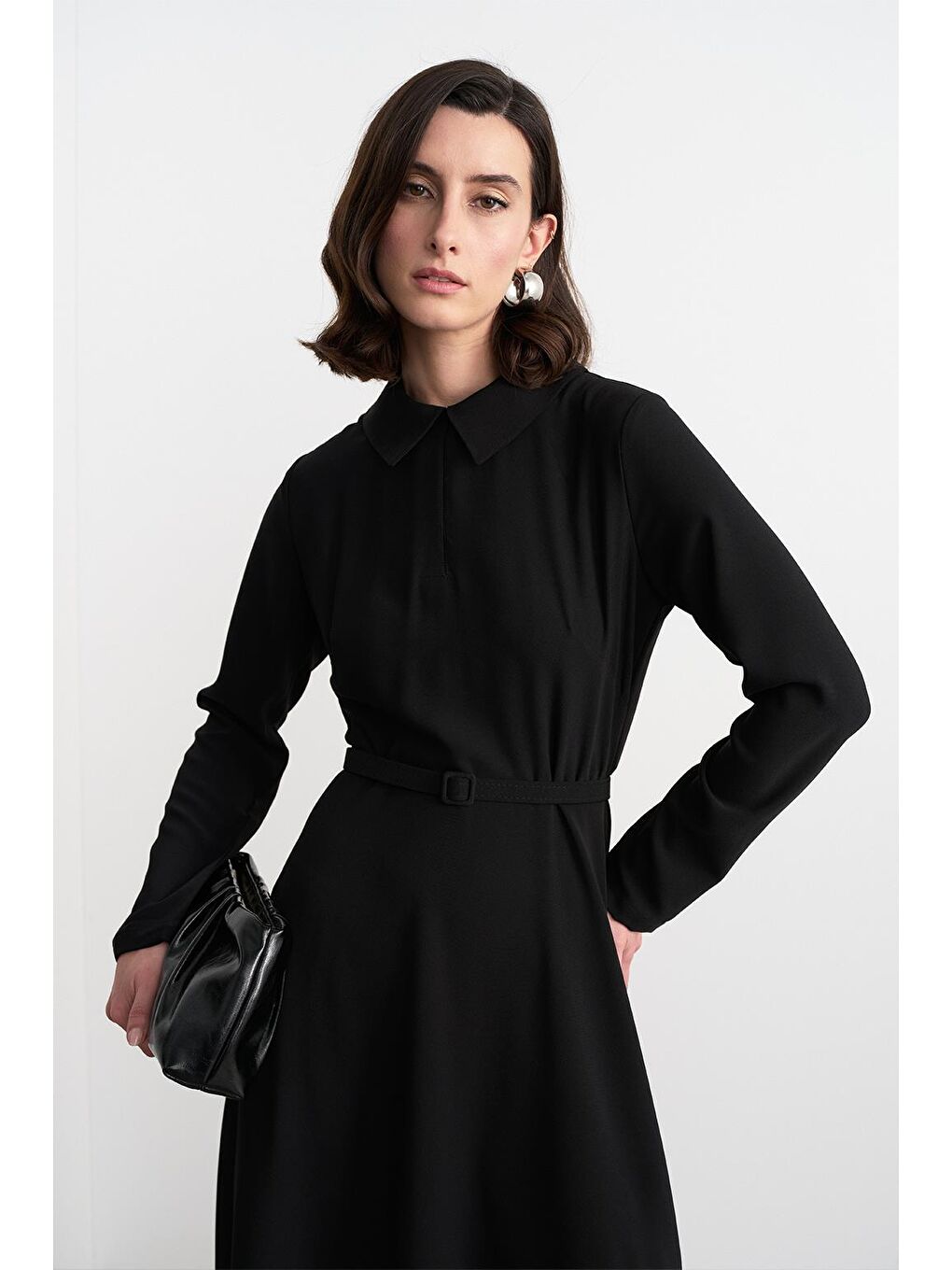 Kemerli Çan Uzun Elbise Siyah-1