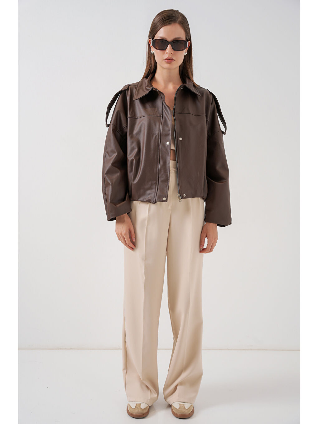 Kadın Oversize Deri Ceket 1055 - Kahverengi-1