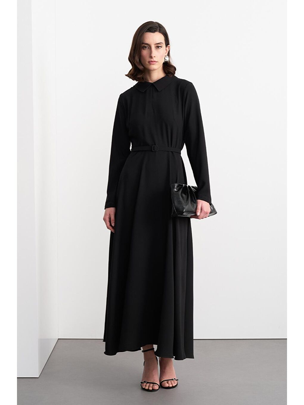 Kemerli Çan Uzun Elbise Siyah-2