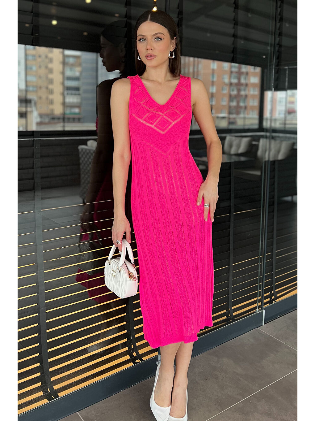 Fuşya Örme Detaylı V Yaka Kadın Triko Elbise( İçlikle Giyilmesi Önerilir)-1