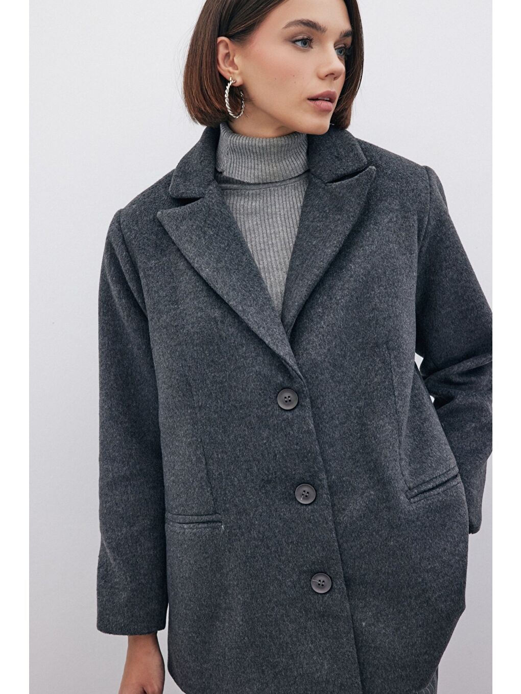 Düğmeli Kaşe Ceket - Siyah-2