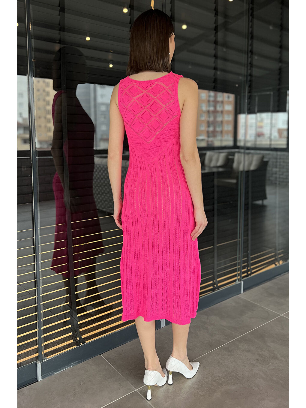 Fuşya Örme Detaylı V Yaka Kadın Triko Elbise( İçlikle Giyilmesi Önerilir)-2