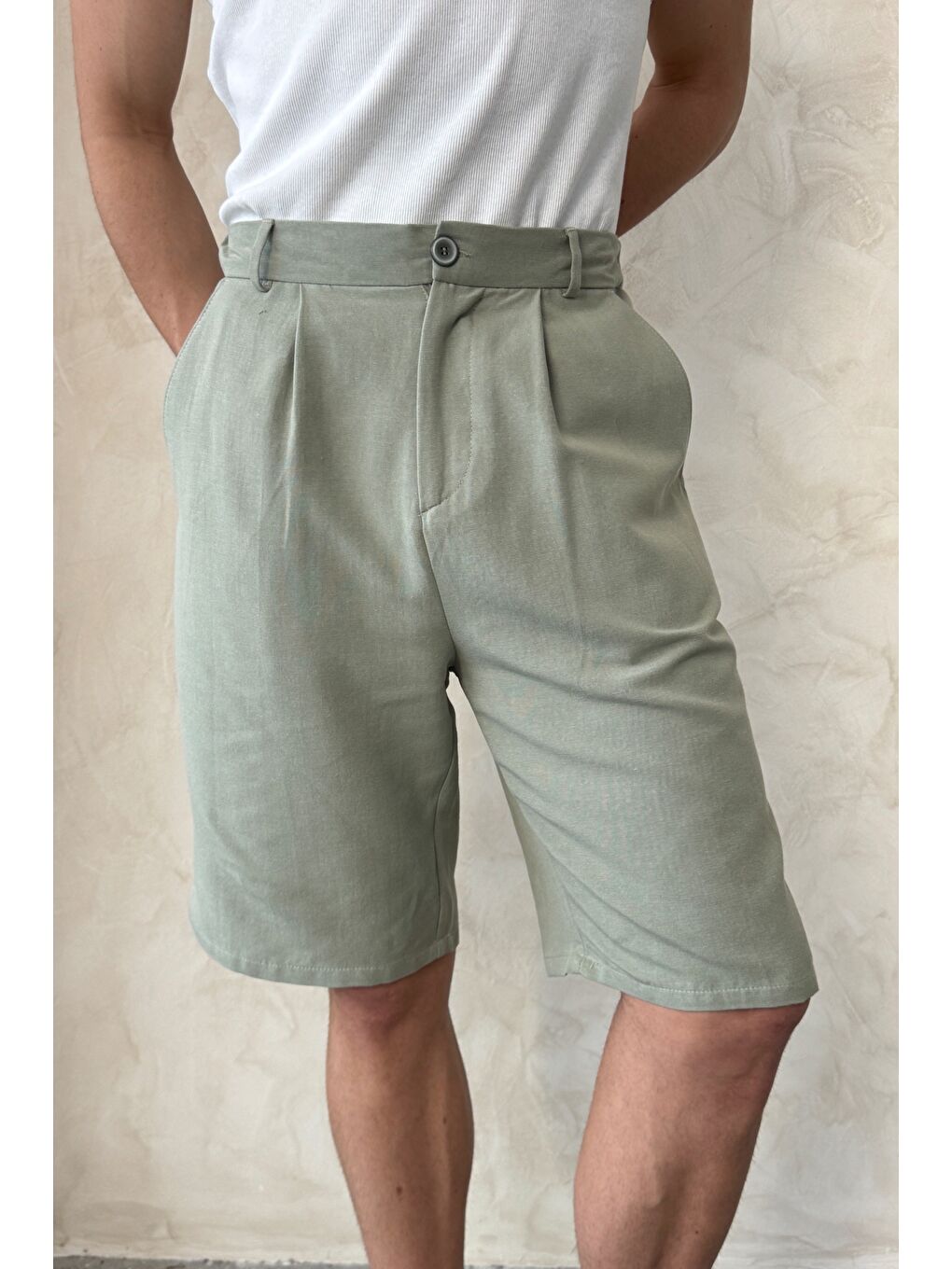 Haki Erkek Pileli Baggy Keten Şort