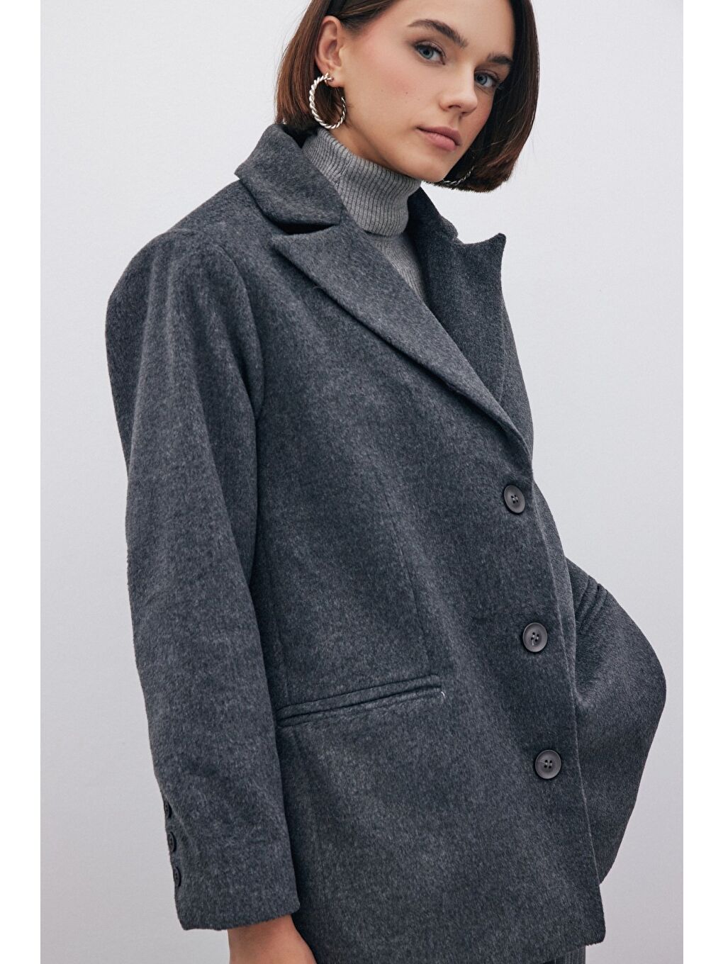 Düğmeli Kaşe Ceket - Siyah-4