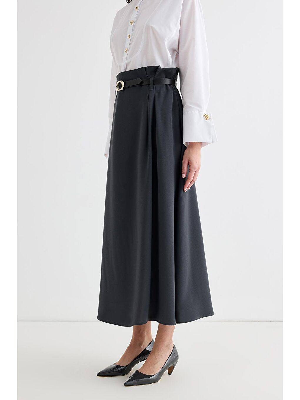 Kemerli Pili Detaylı Etek Antrasit-2