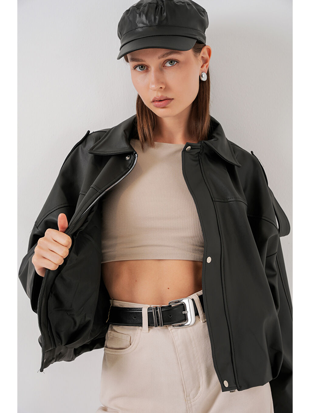 Kadın Oversize Deri Ceket 1055 - Siyah-3