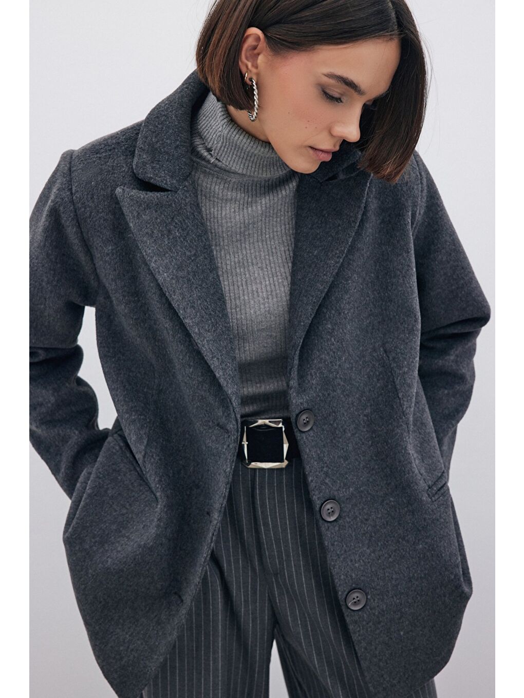 Düğmeli Kaşe Ceket - Siyah-5