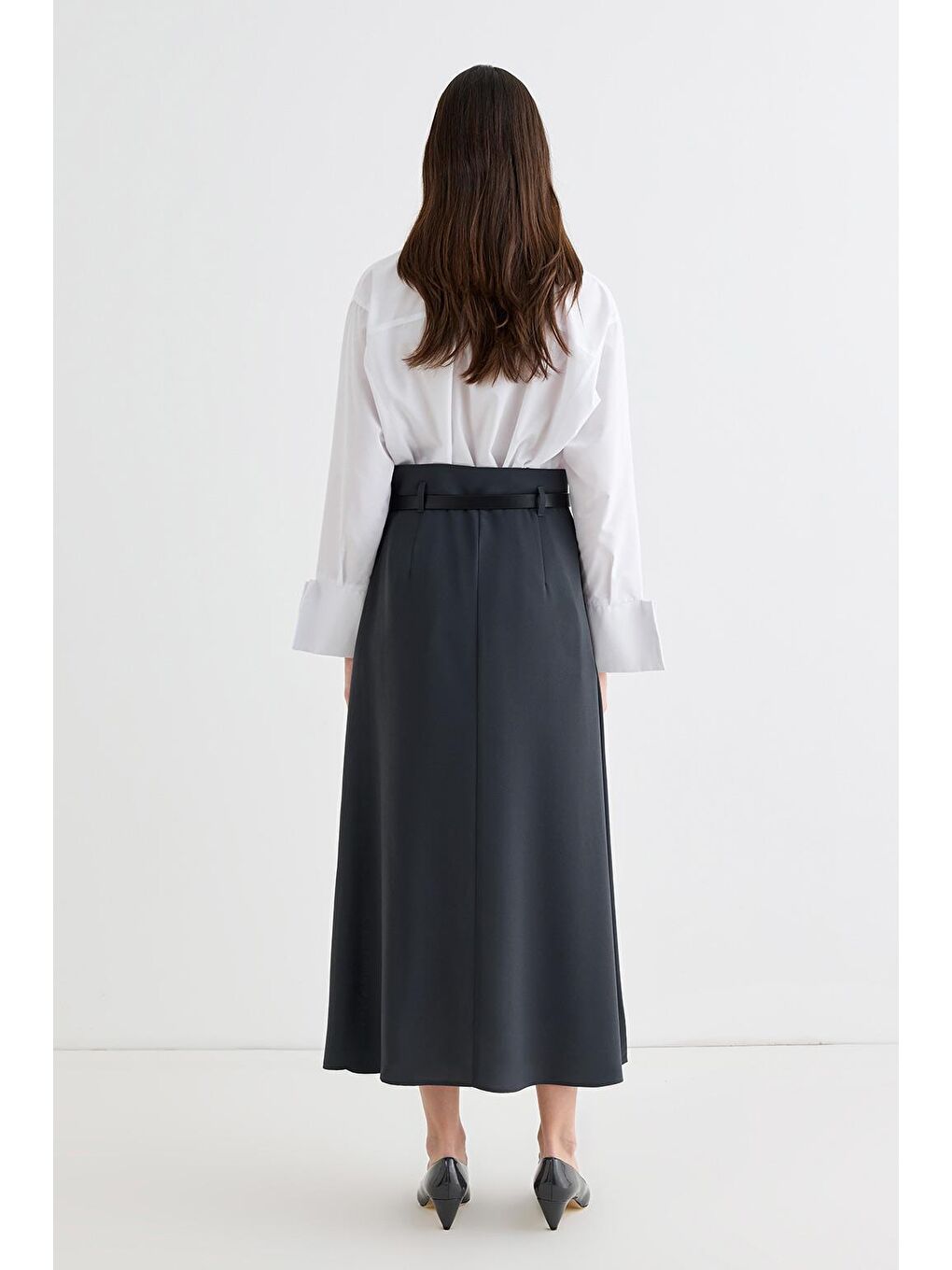 Kemerli Pili Detaylı Etek Antrasit-3