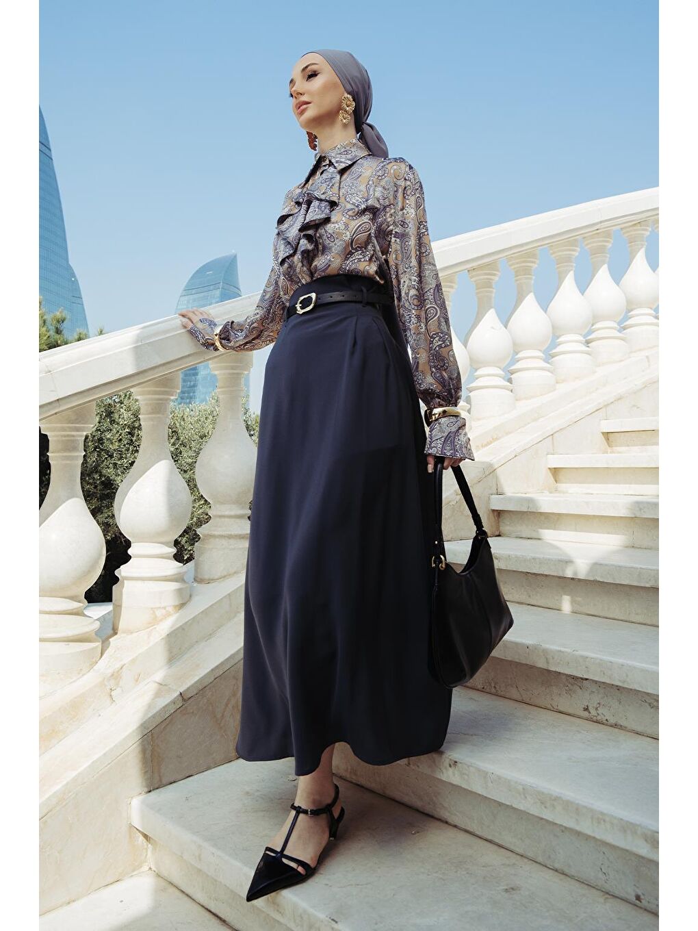 Kemerli Pili Detaylı Etek Antrasit-4