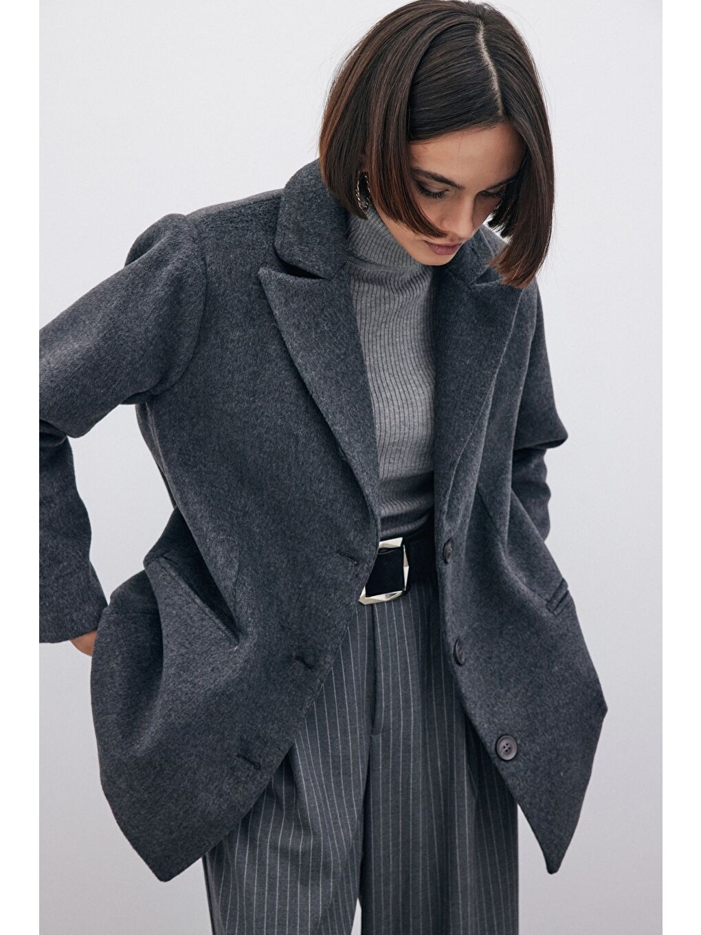 Düğmeli Kaşe Ceket - Siyah-6