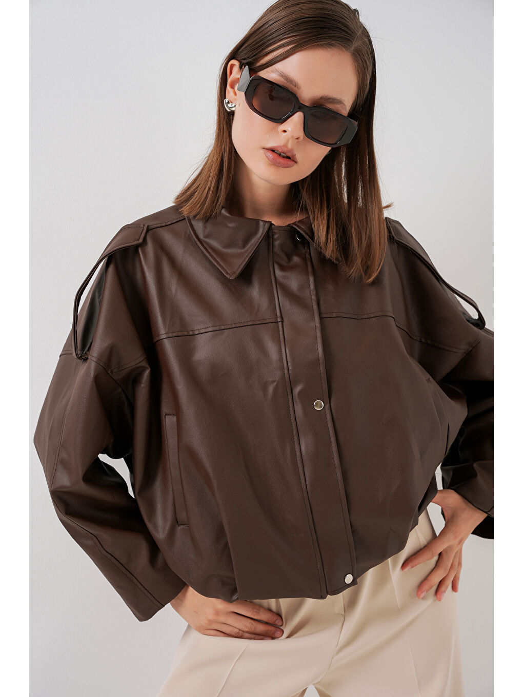 Kadın Oversize Deri Ceket 1055 - Kahverengi-2