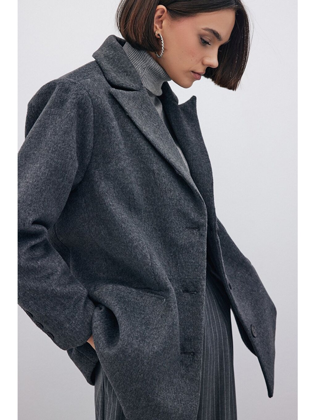 Düğmeli Kaşe Ceket - Siyah-7