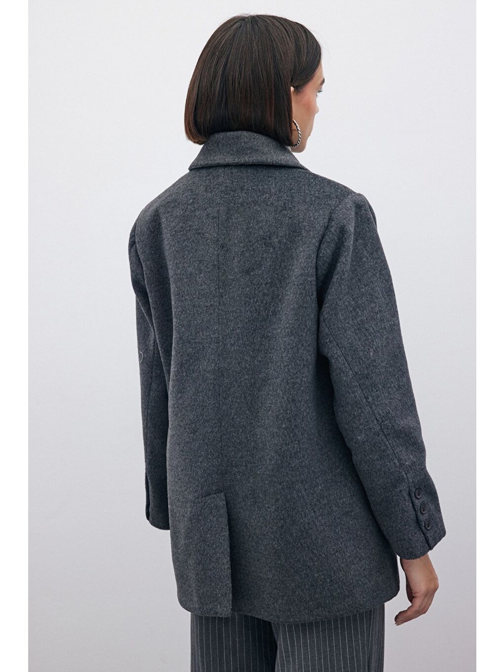 Düğmeli Kaşe Ceket - Siyah-8