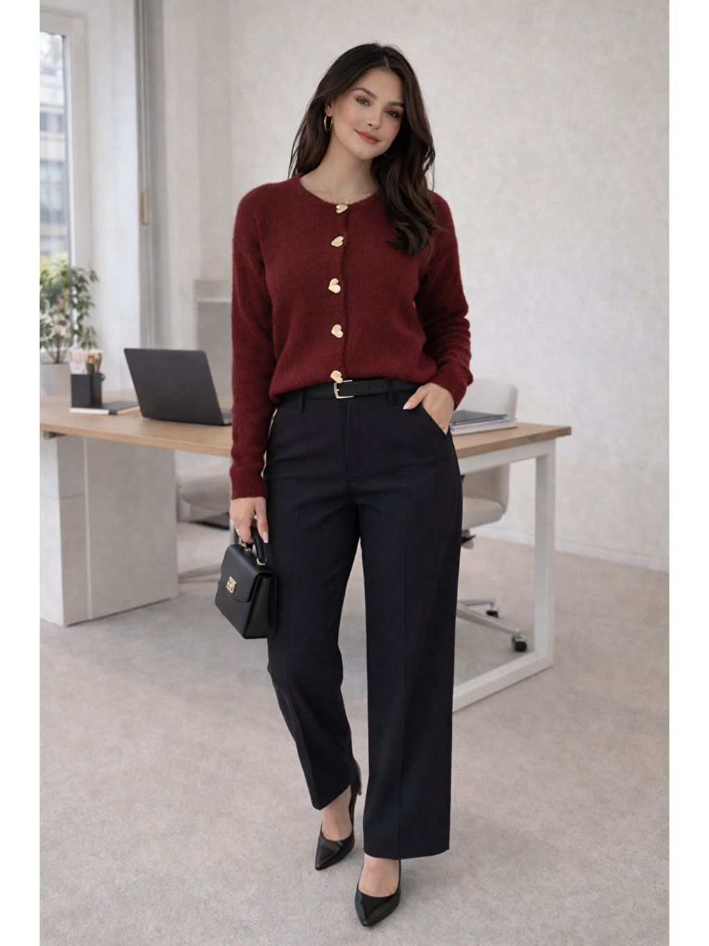 Bordo Kadın Kalpli Düğmeli Yumuşak Dokulu Kaliteli Triko Yumoş Hırka-3