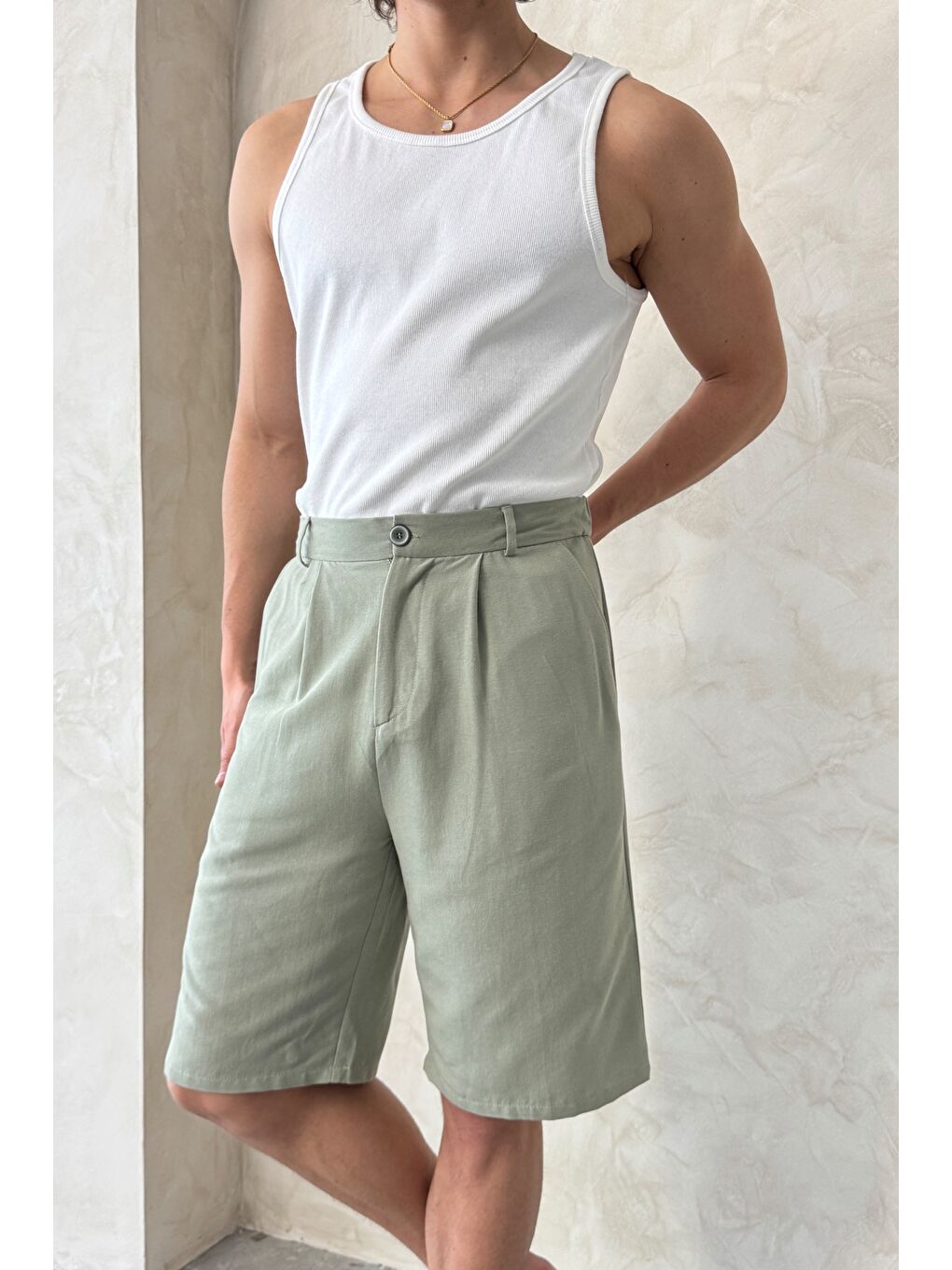 Haki Erkek Pileli Baggy Keten Şort-2