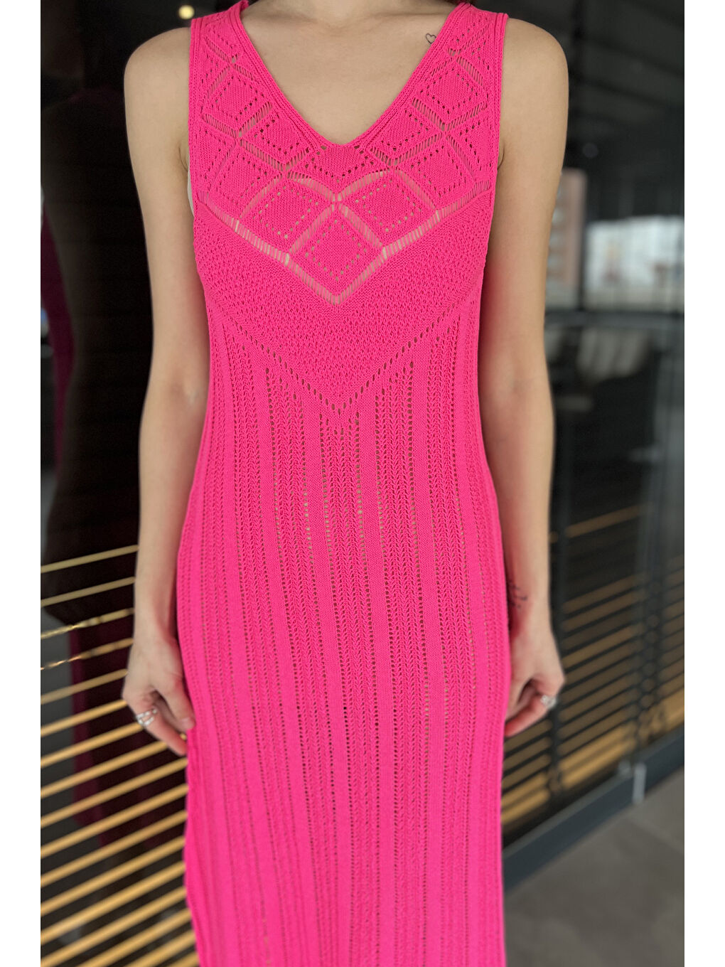 Fuşya Örme Detaylı V Yaka Kadın Triko Elbise( İçlikle Giyilmesi Önerilir)-3