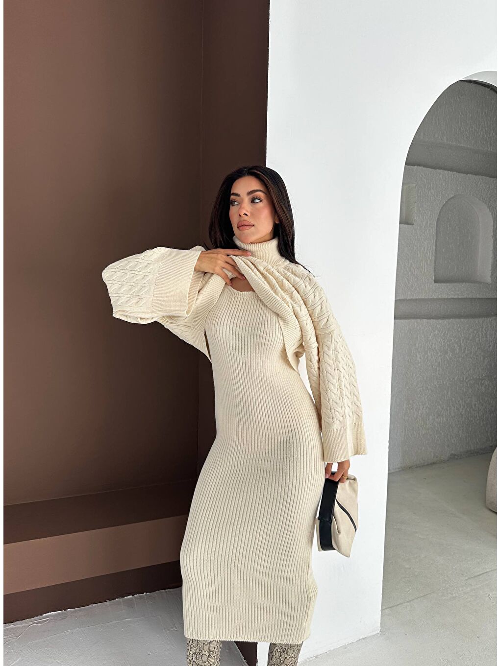 Ekru Kadın Kare Yaka Saç Örgü Kazak Elbise Takım-2