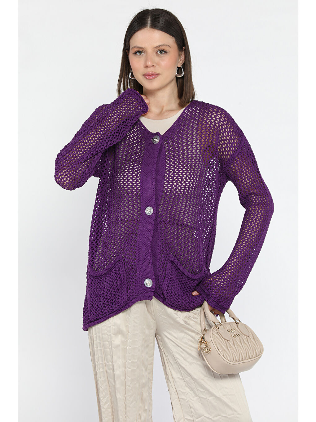 Mor Düğme Detaylı Ajurlu Kadın Triko Hırka