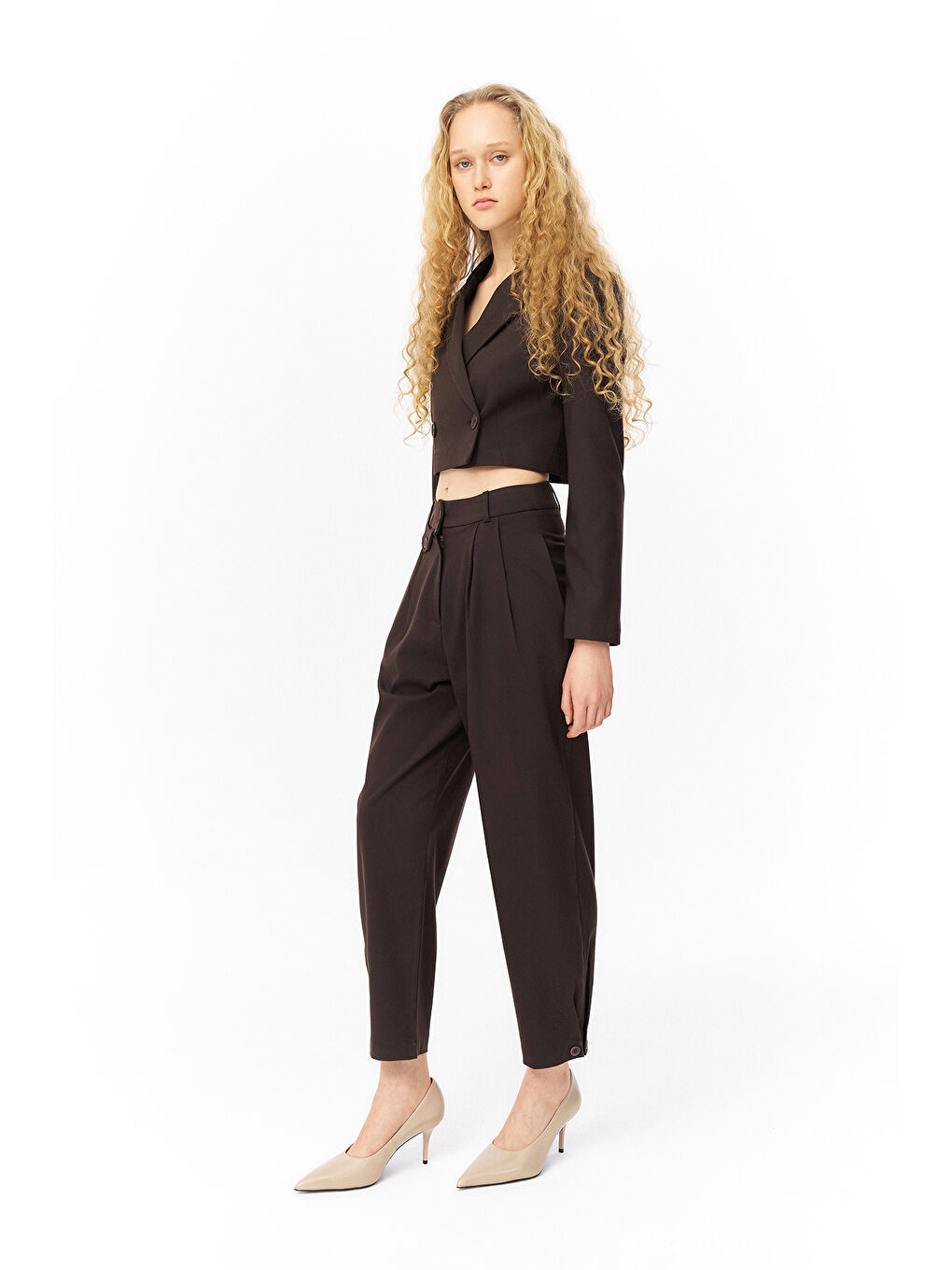 Pile Detaylı  Pantolon Kahverengi-2