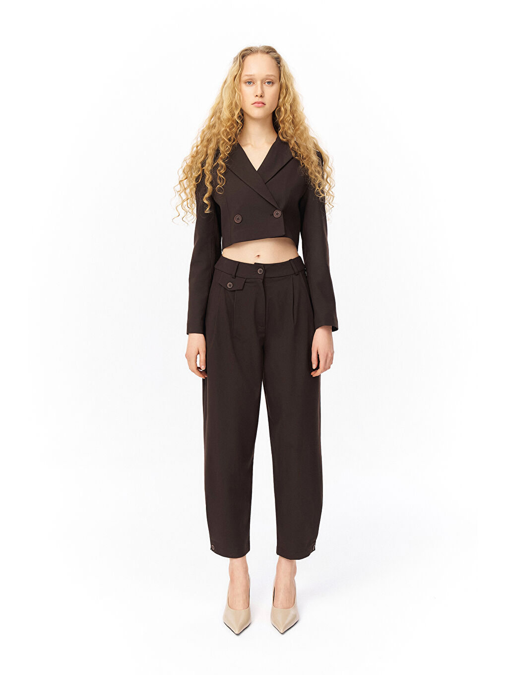 Pile Detaylı  Pantolon Kahverengi-3