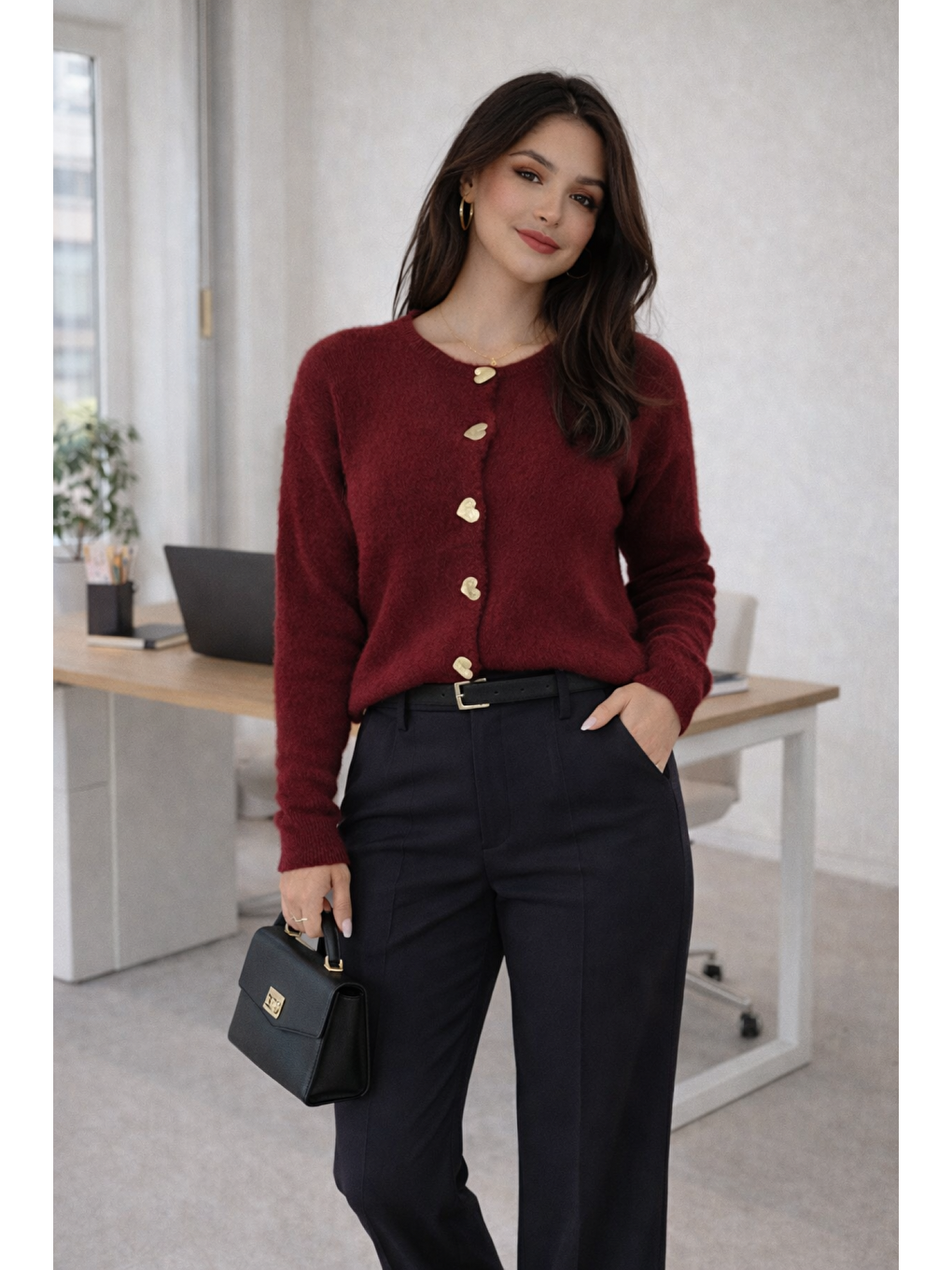 Bordo Kadın Kalpli Düğmeli Yumuşak Dokulu Kaliteli Triko Yumoş Hırka-4