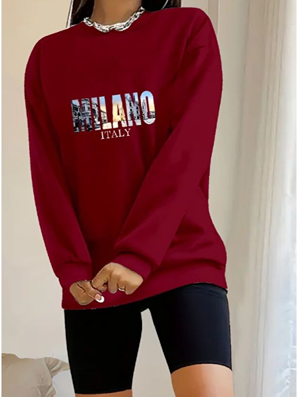 Bordo Kadın Uzun Kollu Bisiklet Yaka Desenli Viskon Iki Iplik Bluz-1