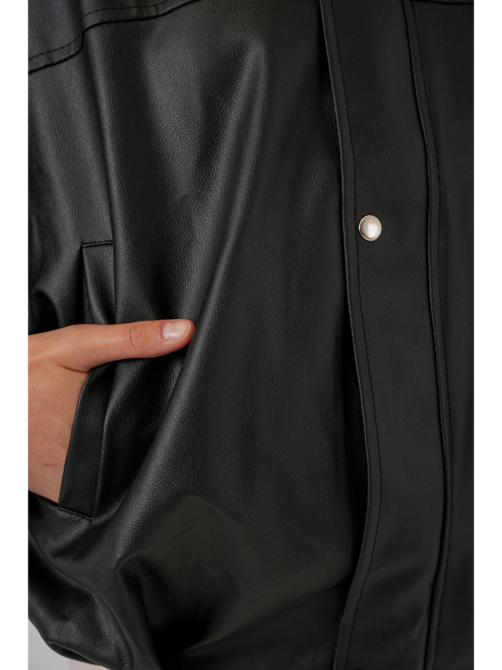 Kadın Oversize Deri Ceket 1055 - Siyah-4