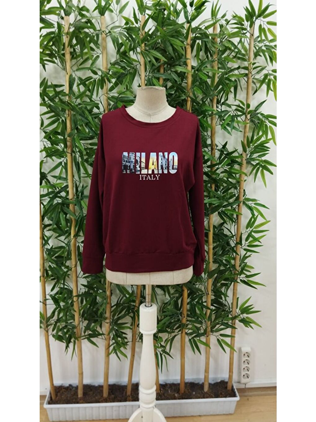 Bordo Kadın Uzun Kollu Bisiklet Yaka Desenli Viskon Iki Iplik Bluz-2