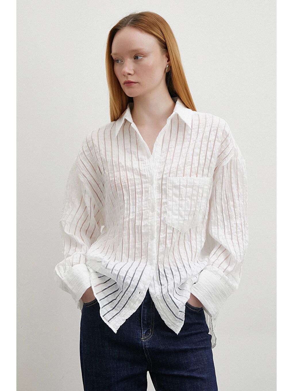 Transparan Çizgili Gömlek Beyaz-1