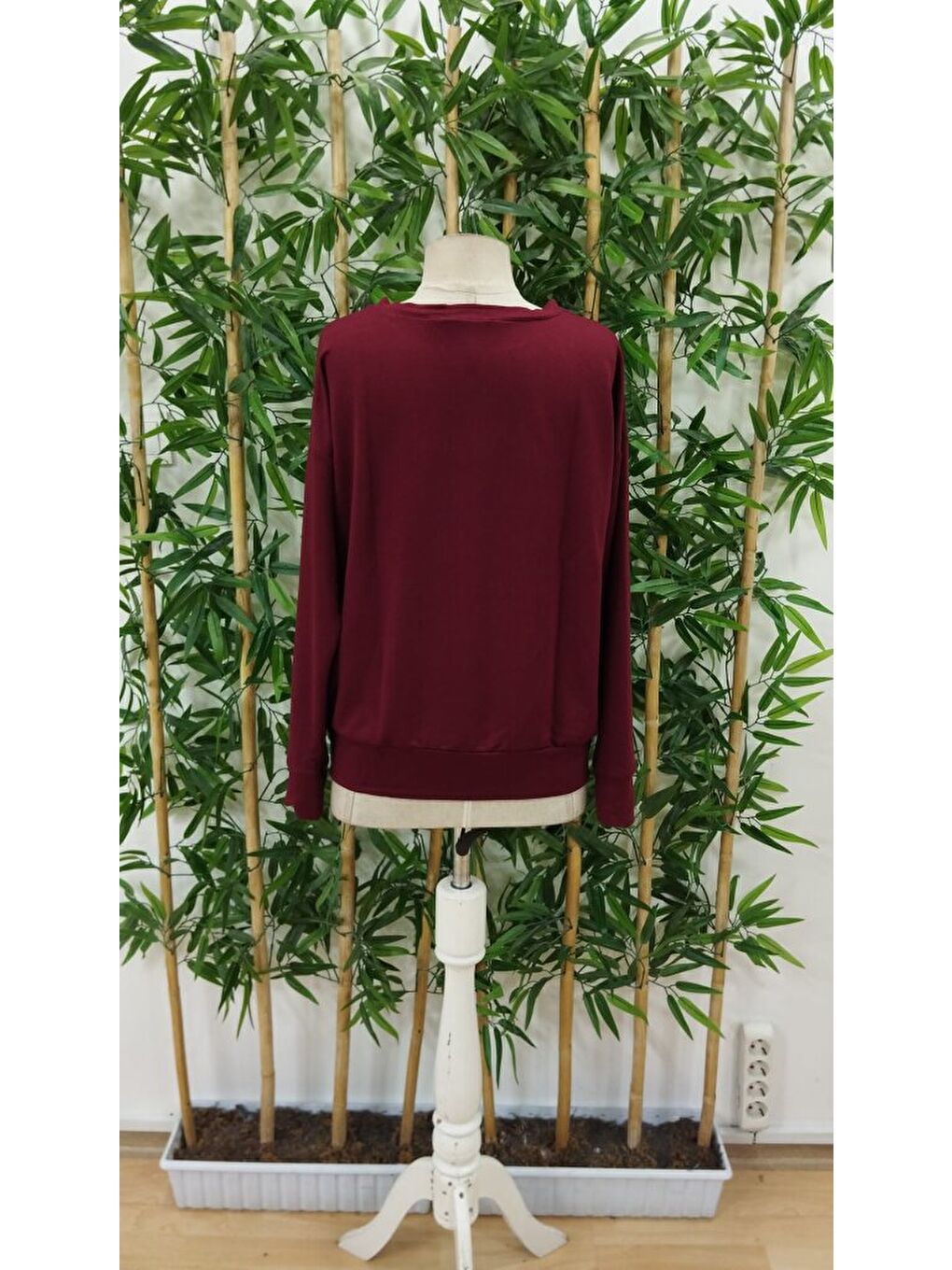 Bordo Kadın Uzun Kollu Bisiklet Yaka Desenli Viskon Iki Iplik Bluz-3