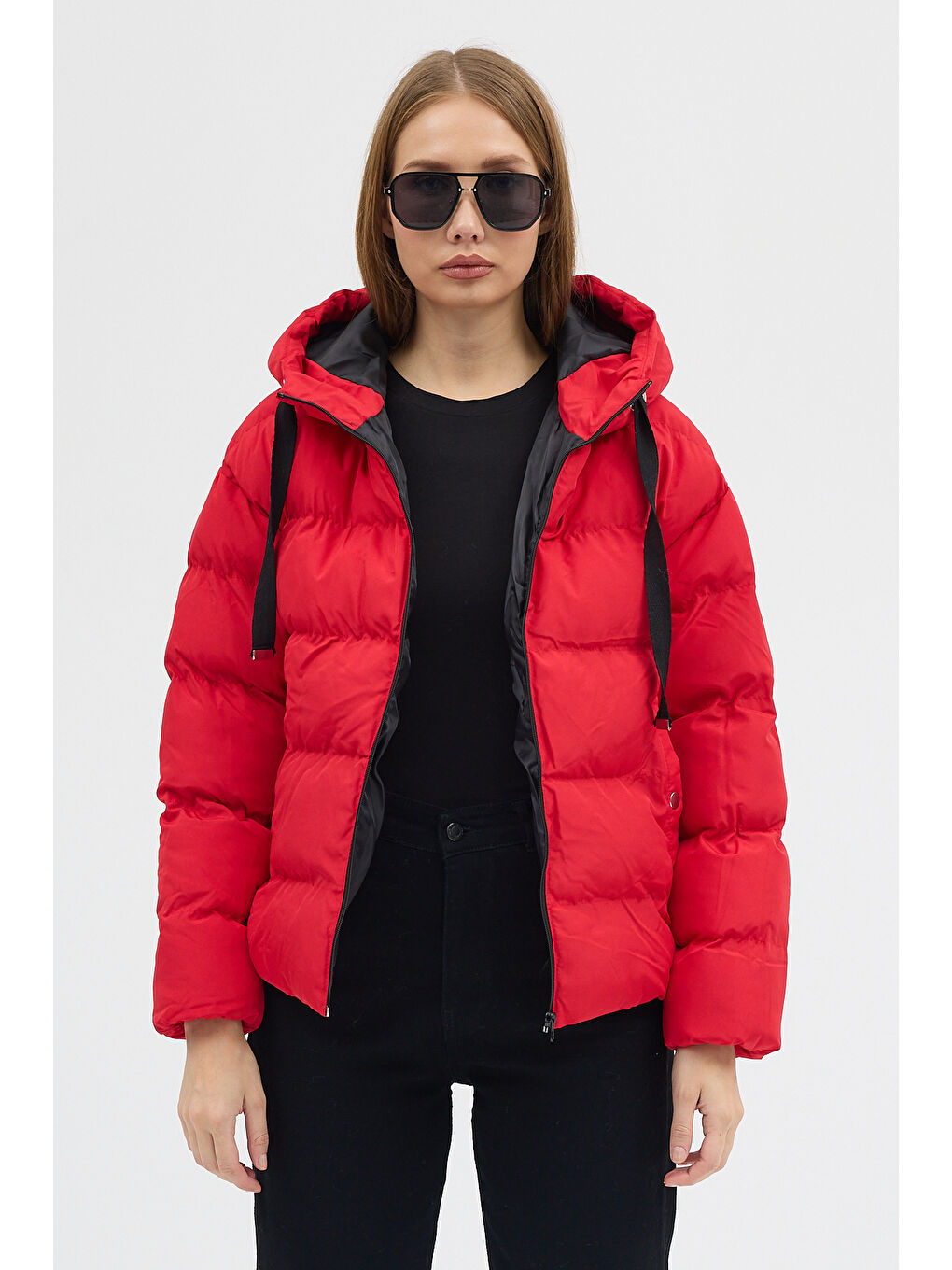 Kadın Kırmızı Çift Cepli Fermuarlı Su İtici Kumaş Normal Kesim Dolumlu Şişme Mont-1