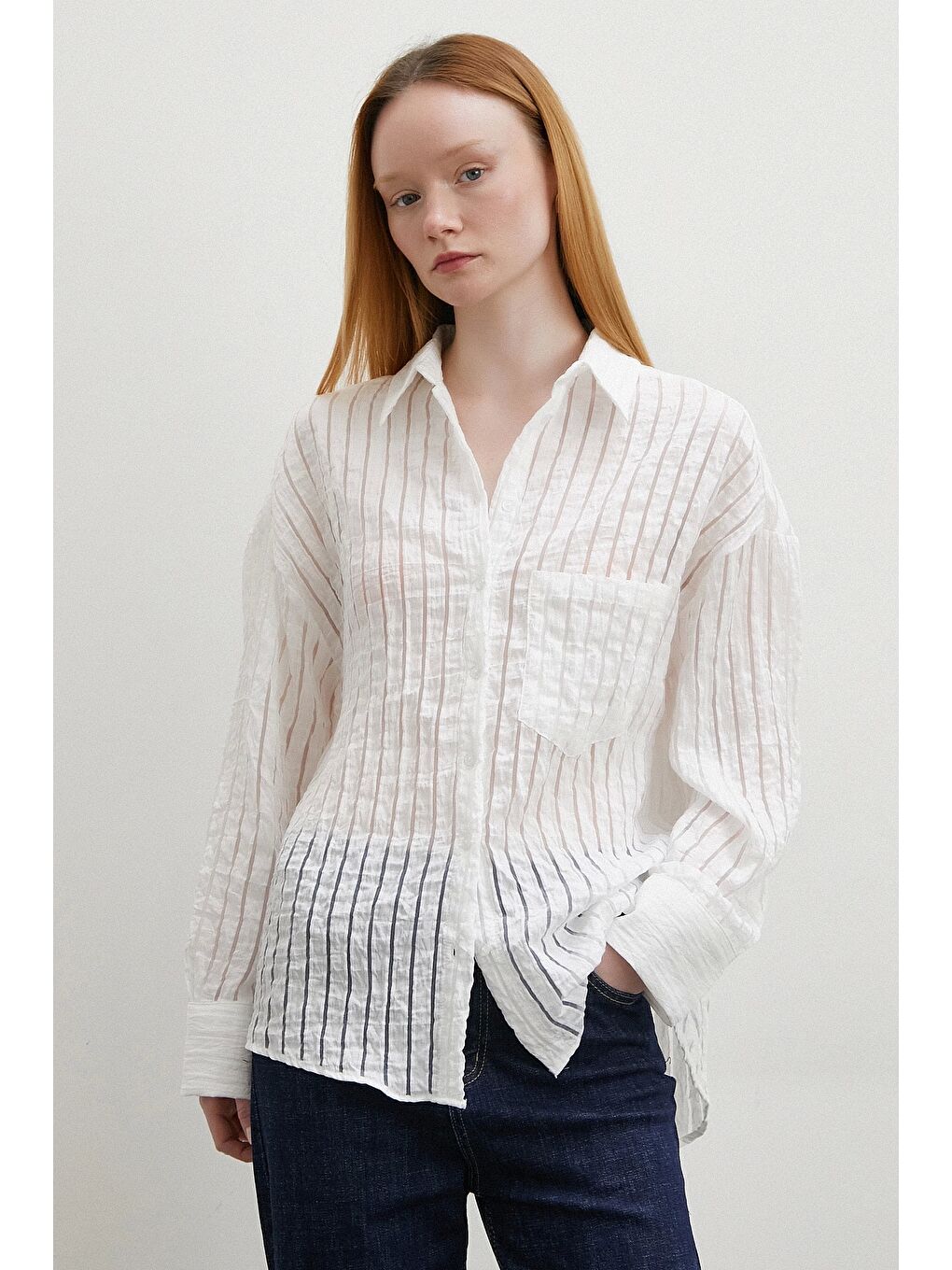 Transparan Çizgili Gömlek Beyaz-2