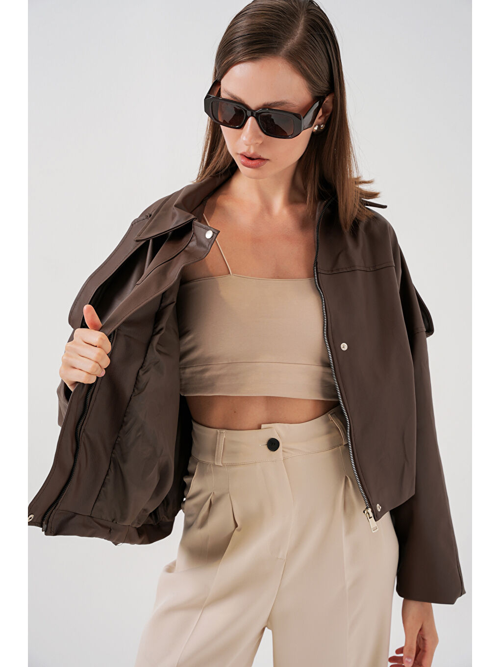 Kadın Oversize Deri Ceket 1055 - Kahverengi-3