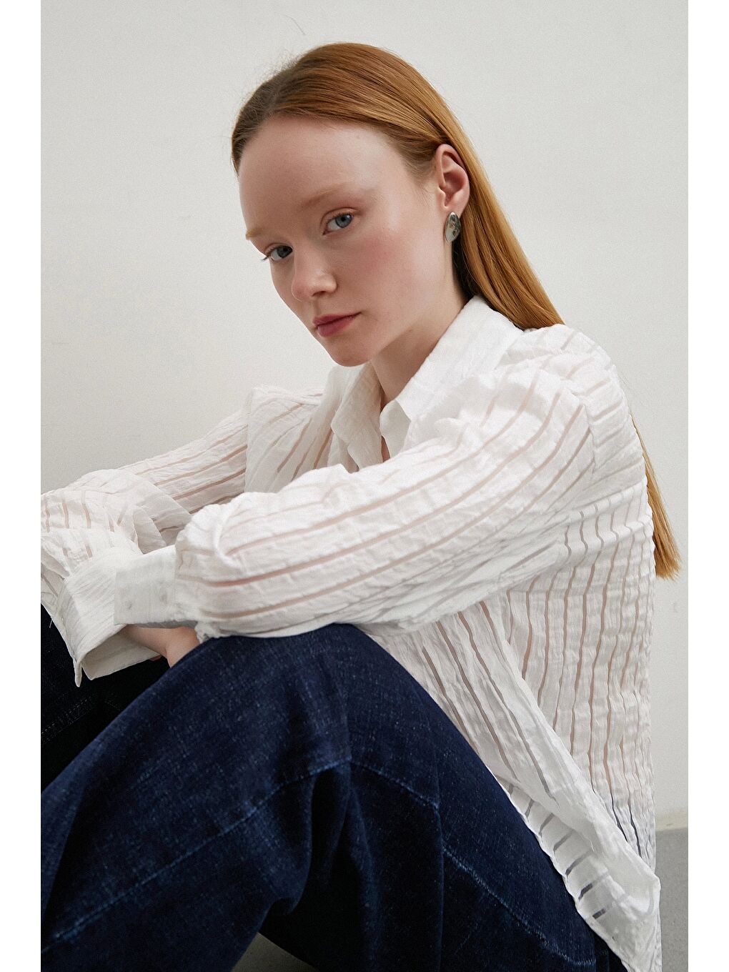 Transparan Çizgili Gömlek Beyaz-3