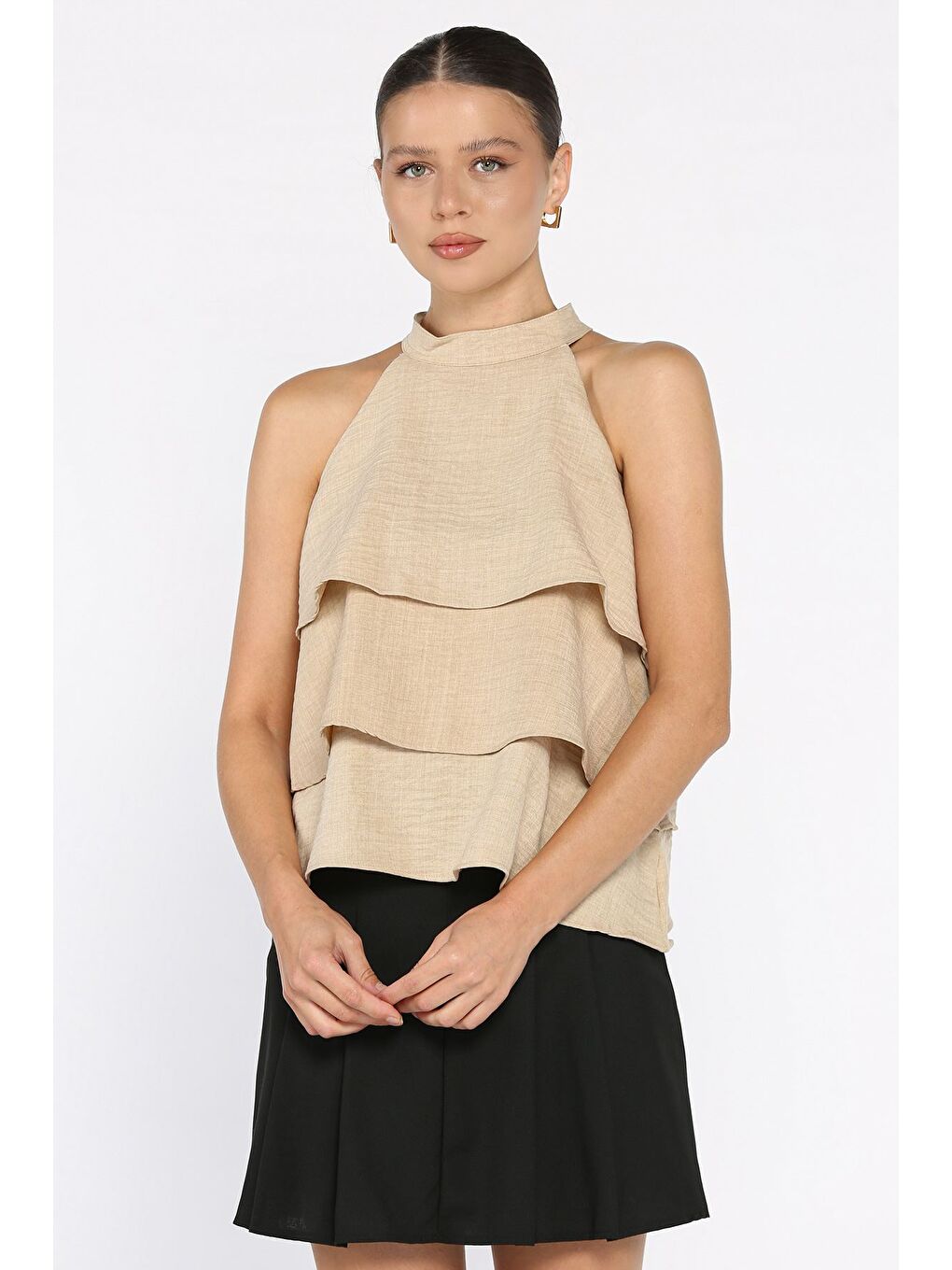 Bej Kadın Sıfır Kol Kat Kat Bluz