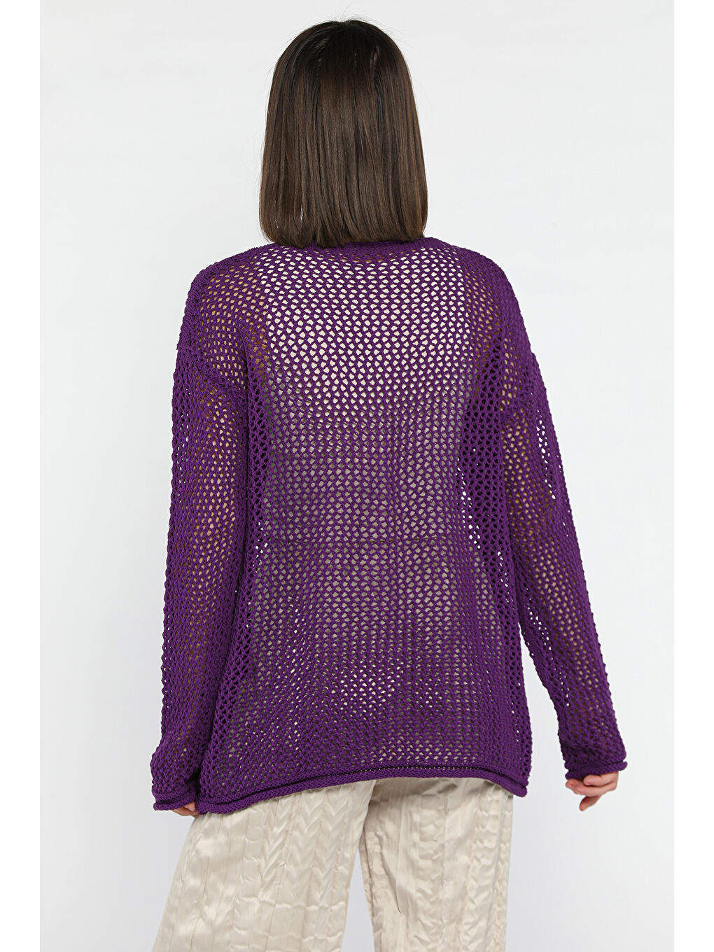 Mor Düğme Detaylı Ajurlu Kadın Triko Hırka-2