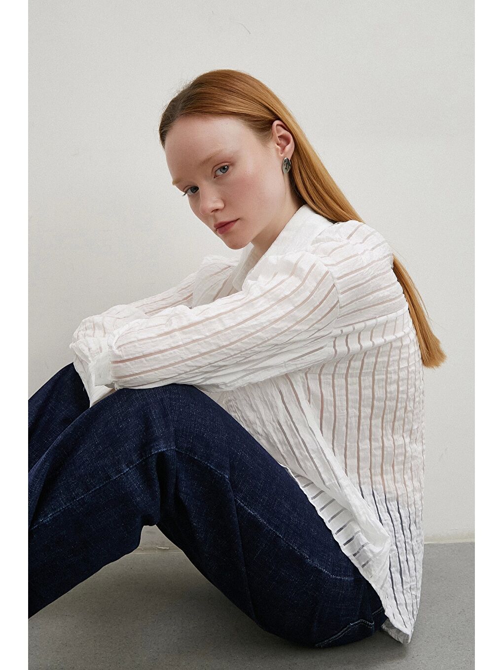 Transparan Çizgili Gömlek Beyaz-4