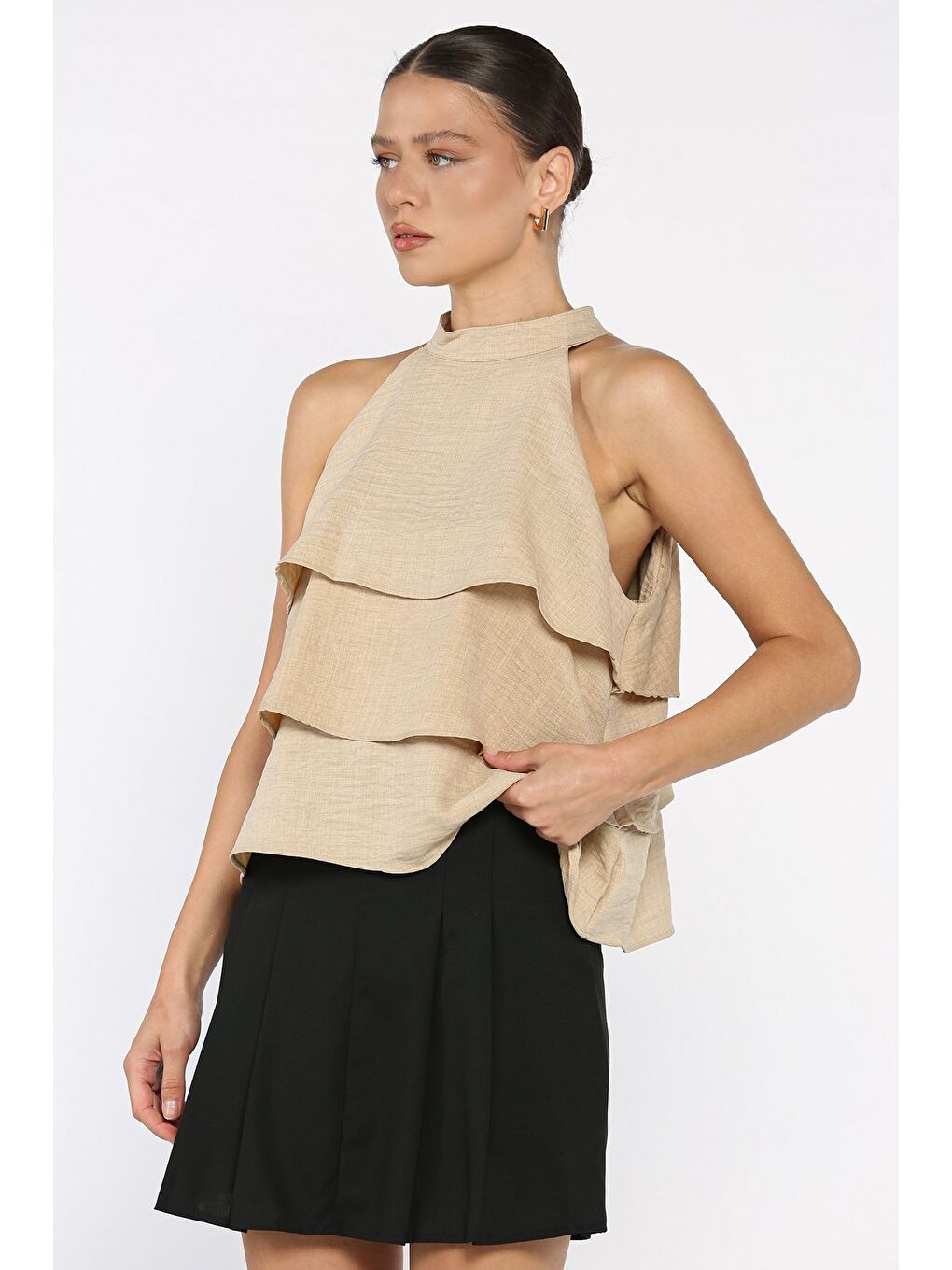 Bej Kadın Sıfır Kol Kat Kat Bluz-1